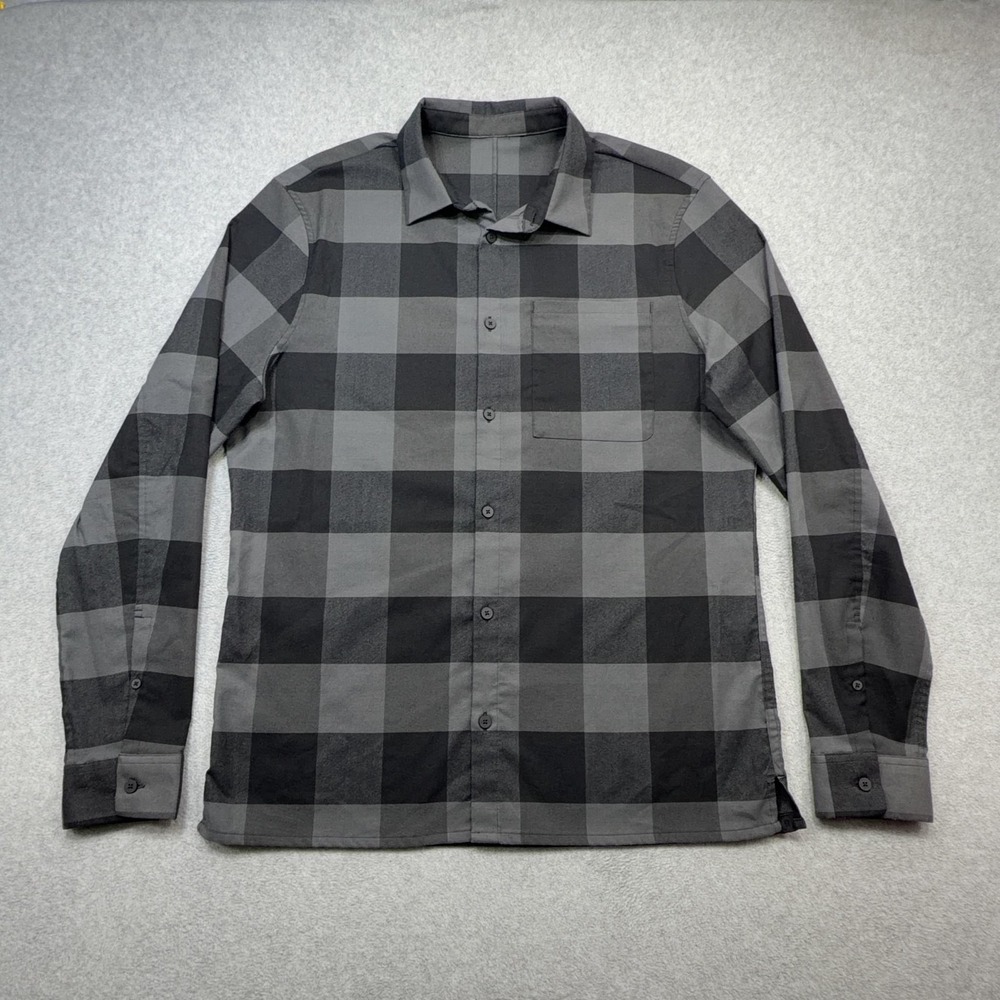 Lululemon Shirt Mens Large Gray Buffalo Plaid Long Sleeve Button Up Zip Pocket